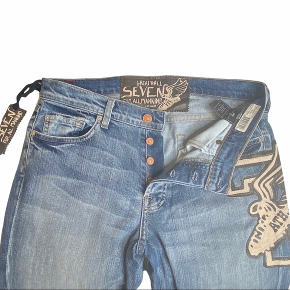 HTF: 7 For All Mankind® x Great China Wall ☻︎ 7 Leather Patch Standard Jeans ☻ - Picture 3 of 16